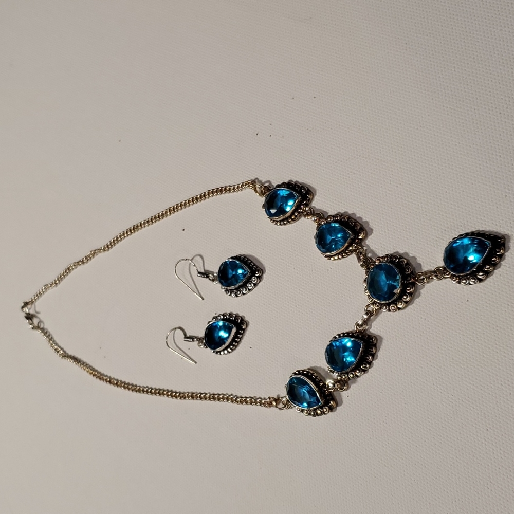 925 marked blue topaz necklace and earrings set